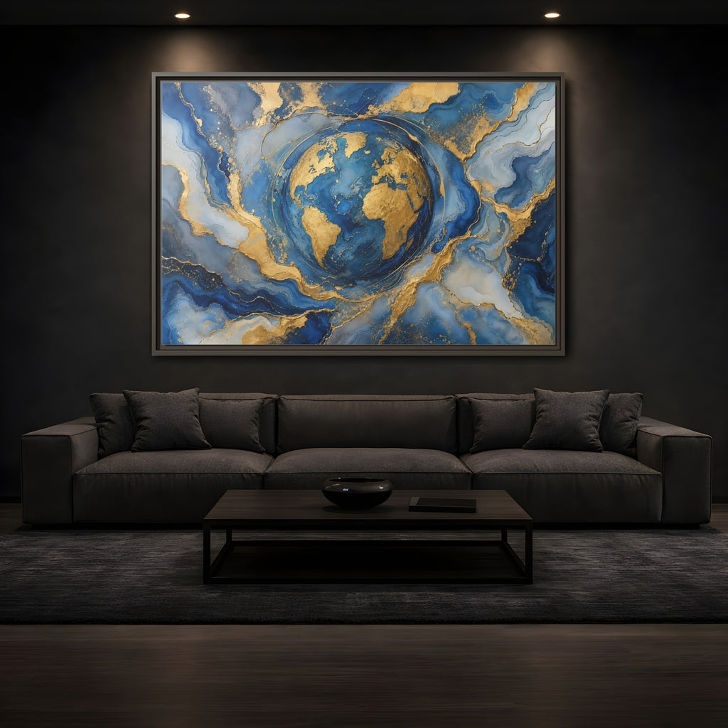 Mockup 3. Maps Earth Blue Gold Earth shown as stretched canvas wall art
