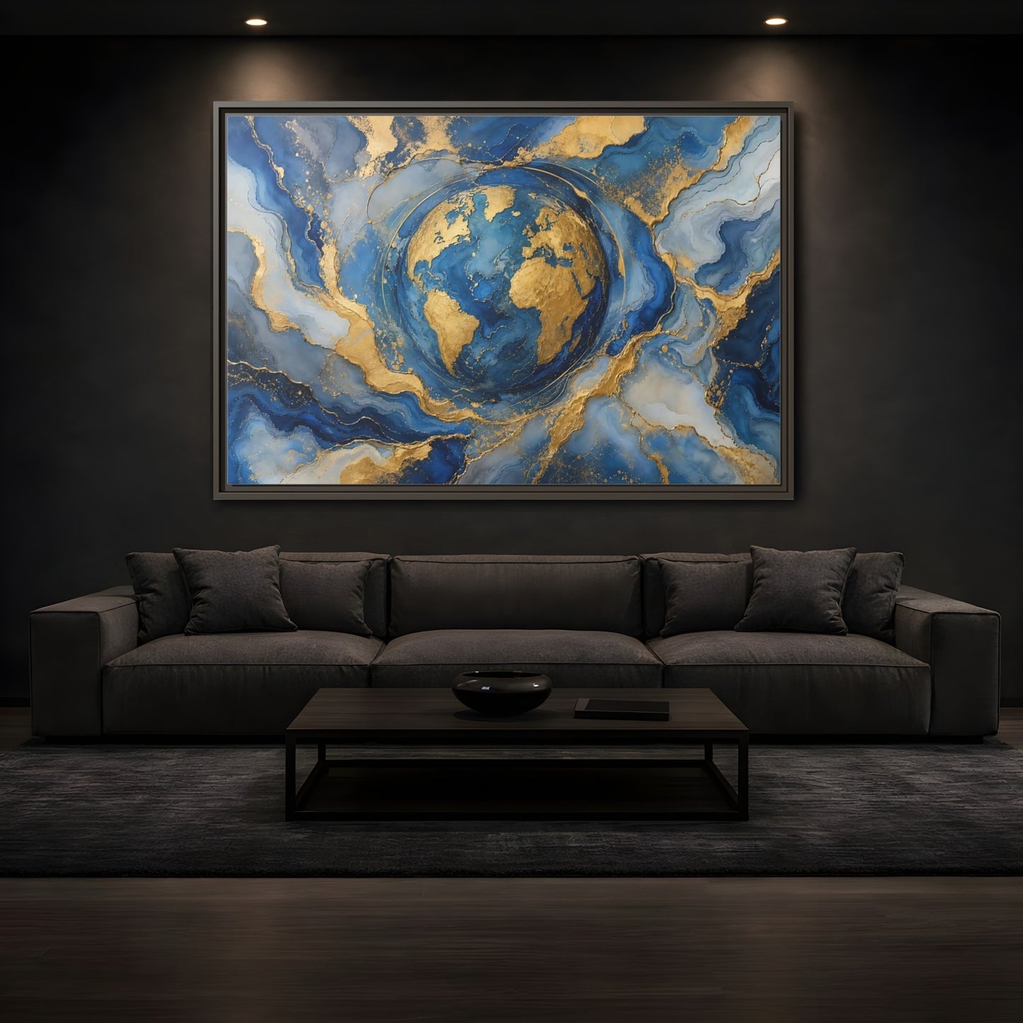 Mockup 3. Maps Earth Blue Gold Earth shown as stretched canvas wall art