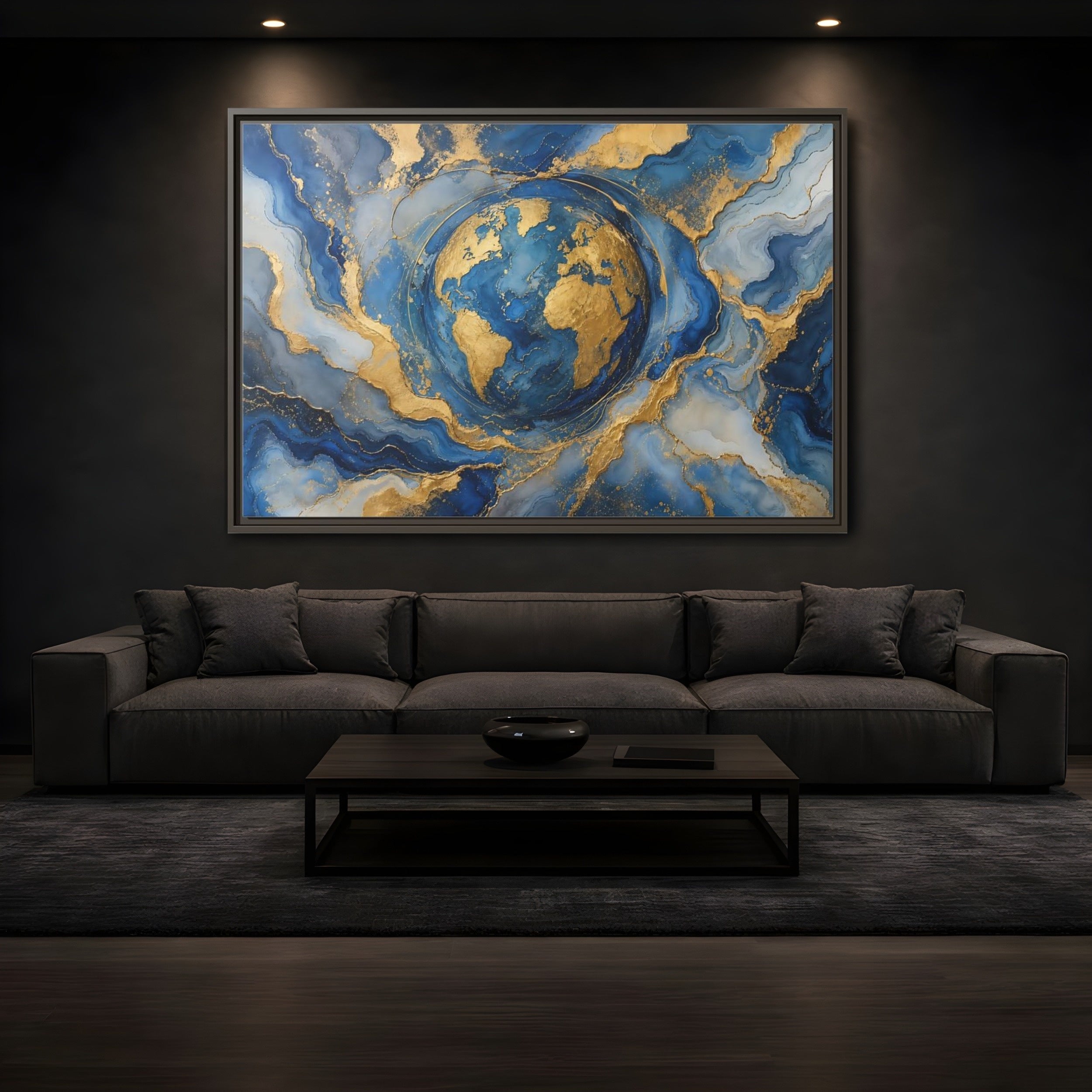 Mockup 3. Maps Earth Blue Gold Earth shown as stretched canvas wall art