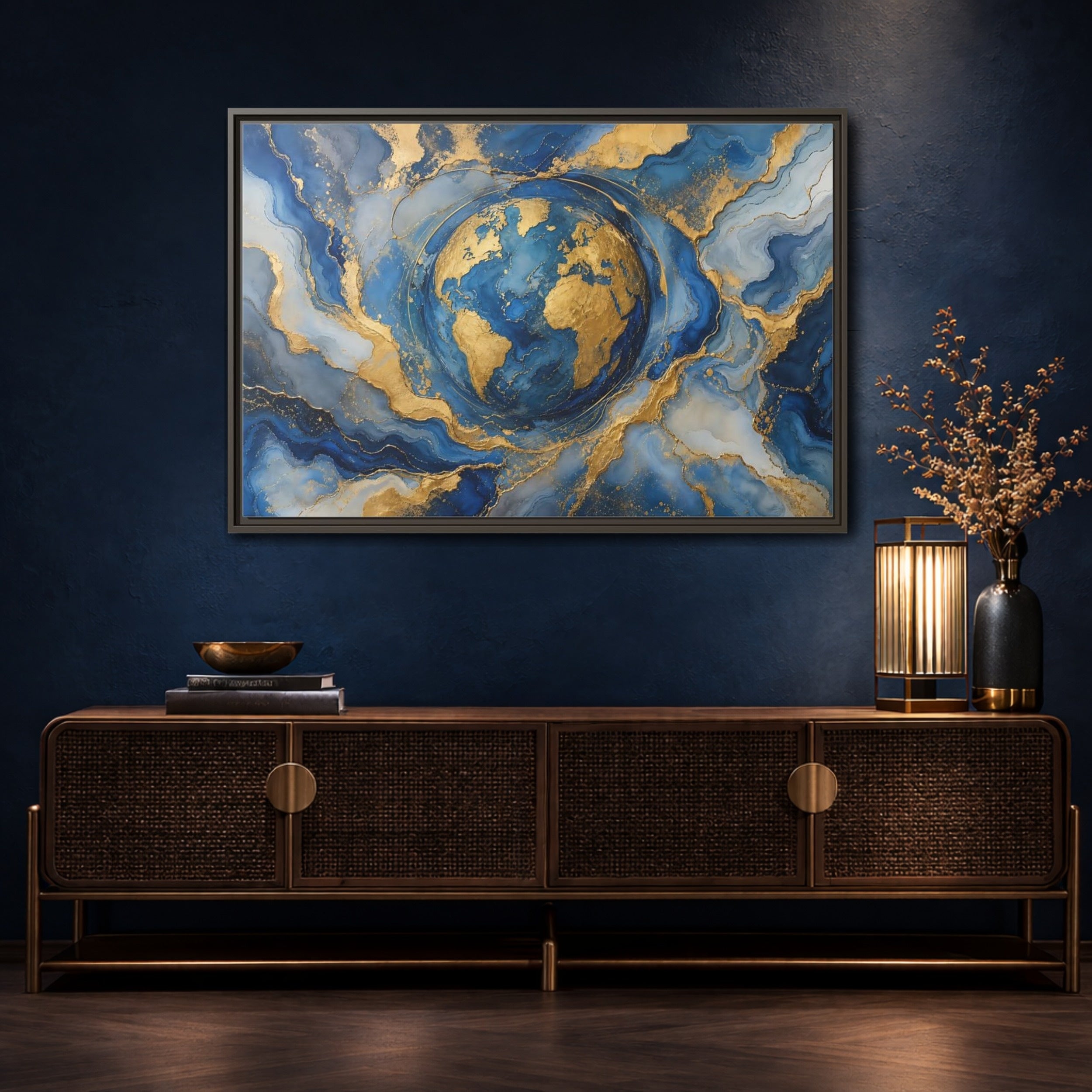 Mockup 4. Maps Earth Blue Gold Earth shown as stretched canvas wall art