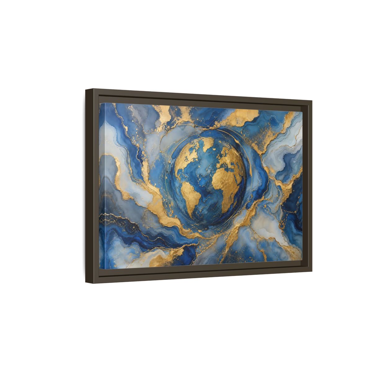 Side Mockup 5. Maps Earth Blue Gold Earth shown as stretched canvas wall art
