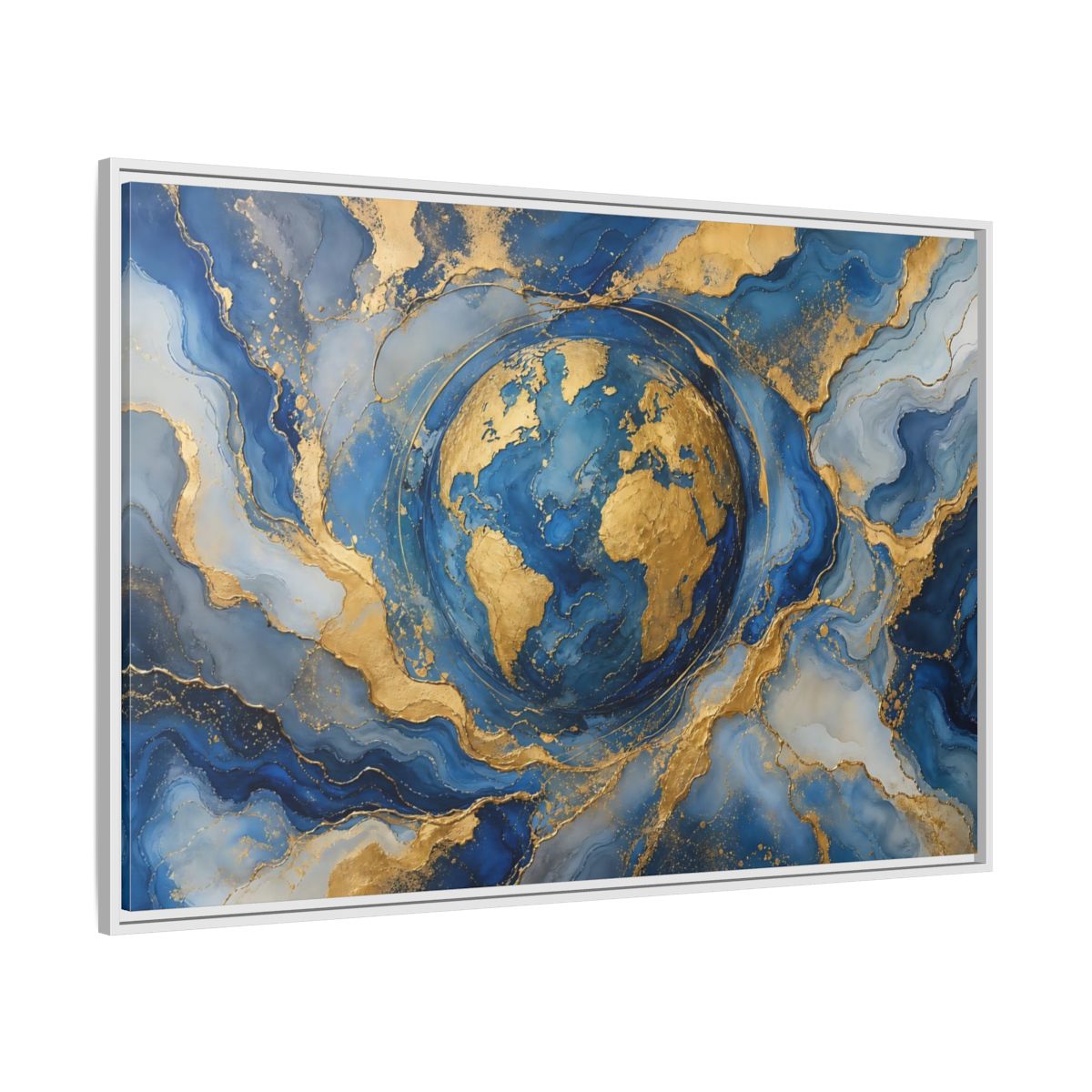 Side Mockup 7. Maps Earth Blue Gold Earth shown as stretched canvas wall art
