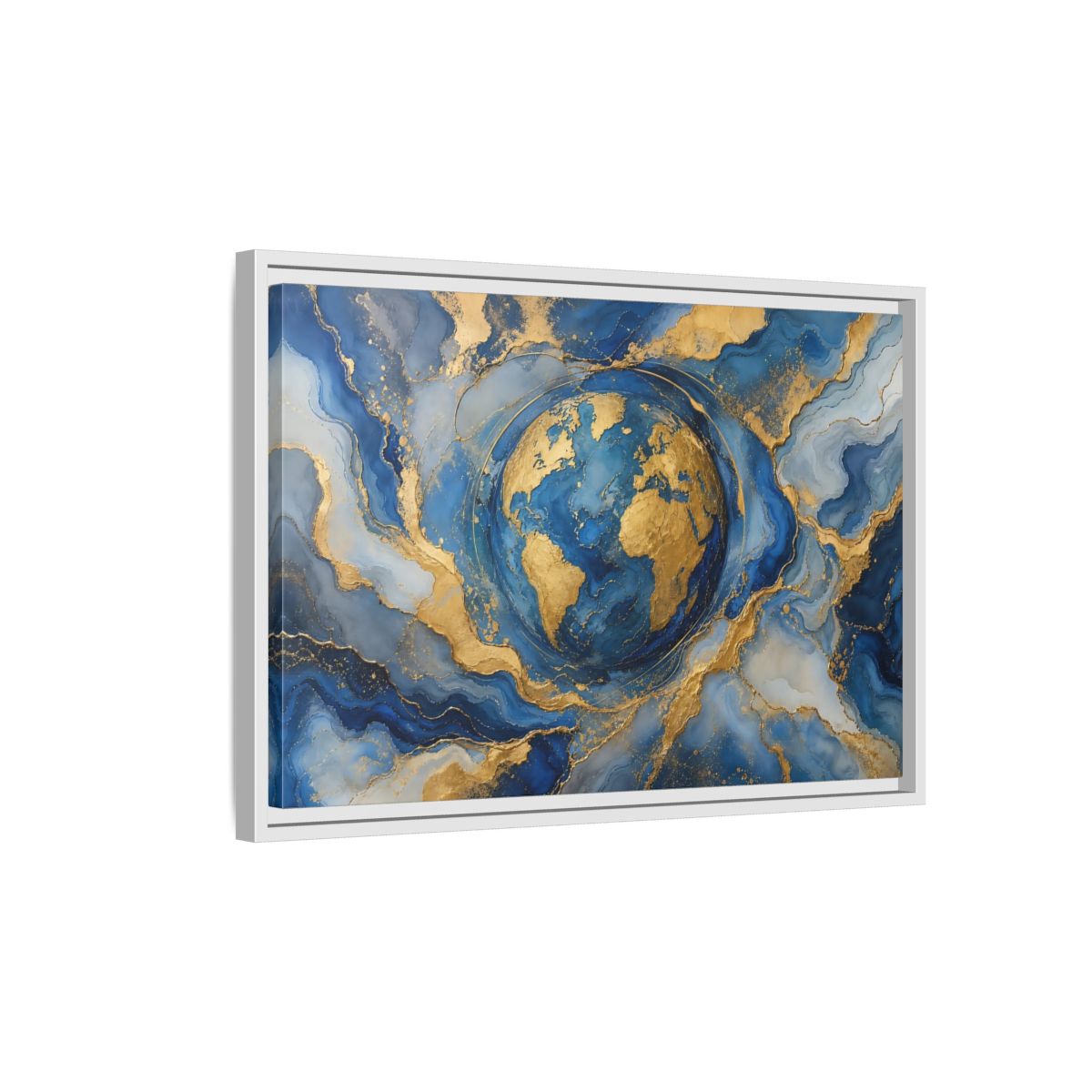 Side Mockup 1. Maps Earth Blue Gold Earth shown as stretched canvas wall art