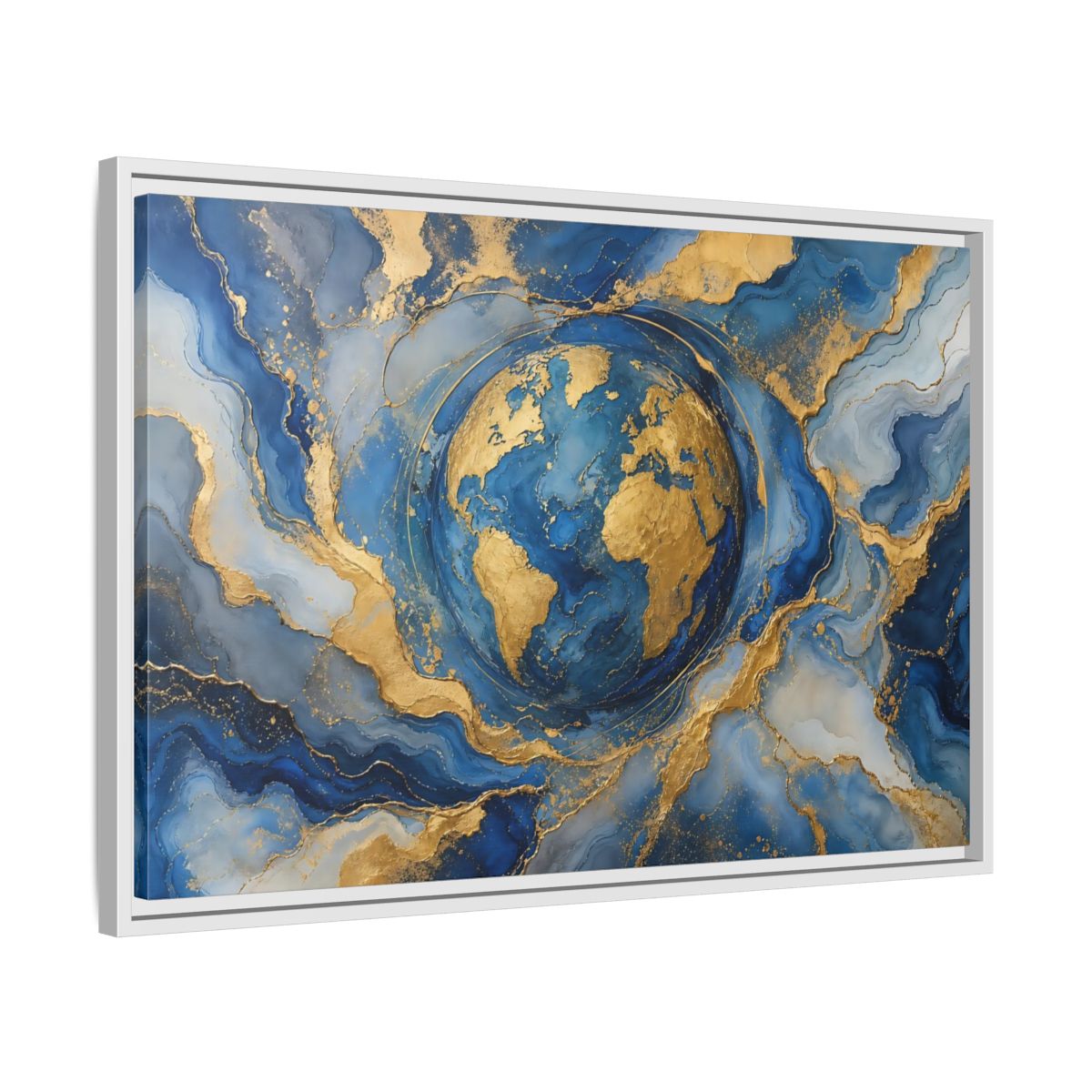 Side Mockup 10. Maps Earth Blue Gold Earth shown as stretched canvas wall art