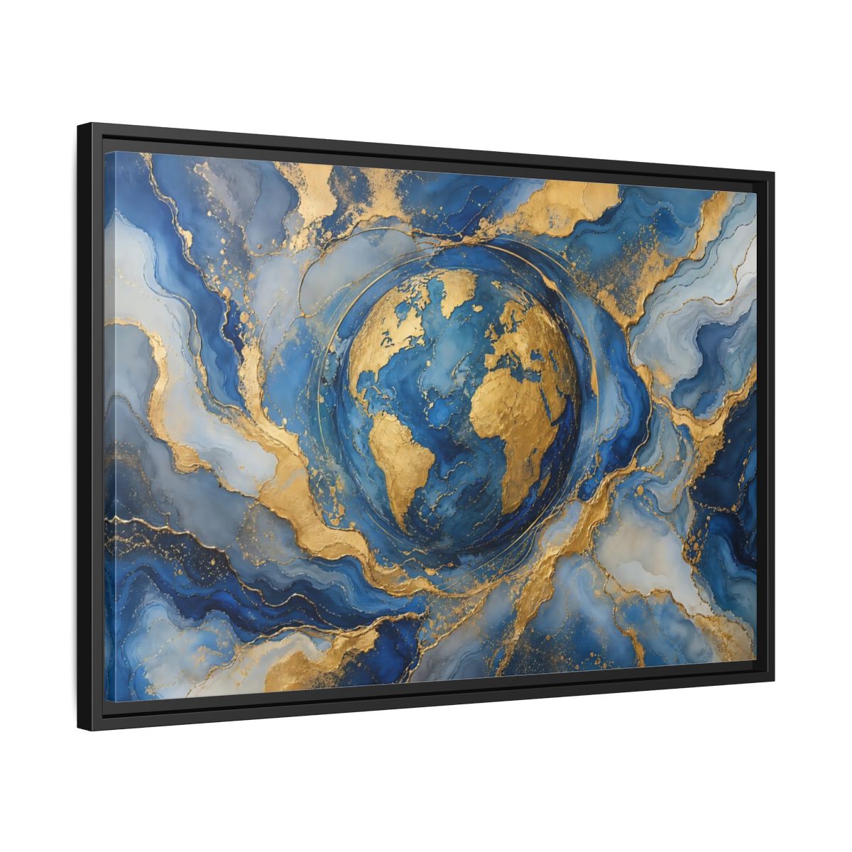 Side Mockup 14. Maps Earth Blue Gold Earth shown as stretched canvas wall art