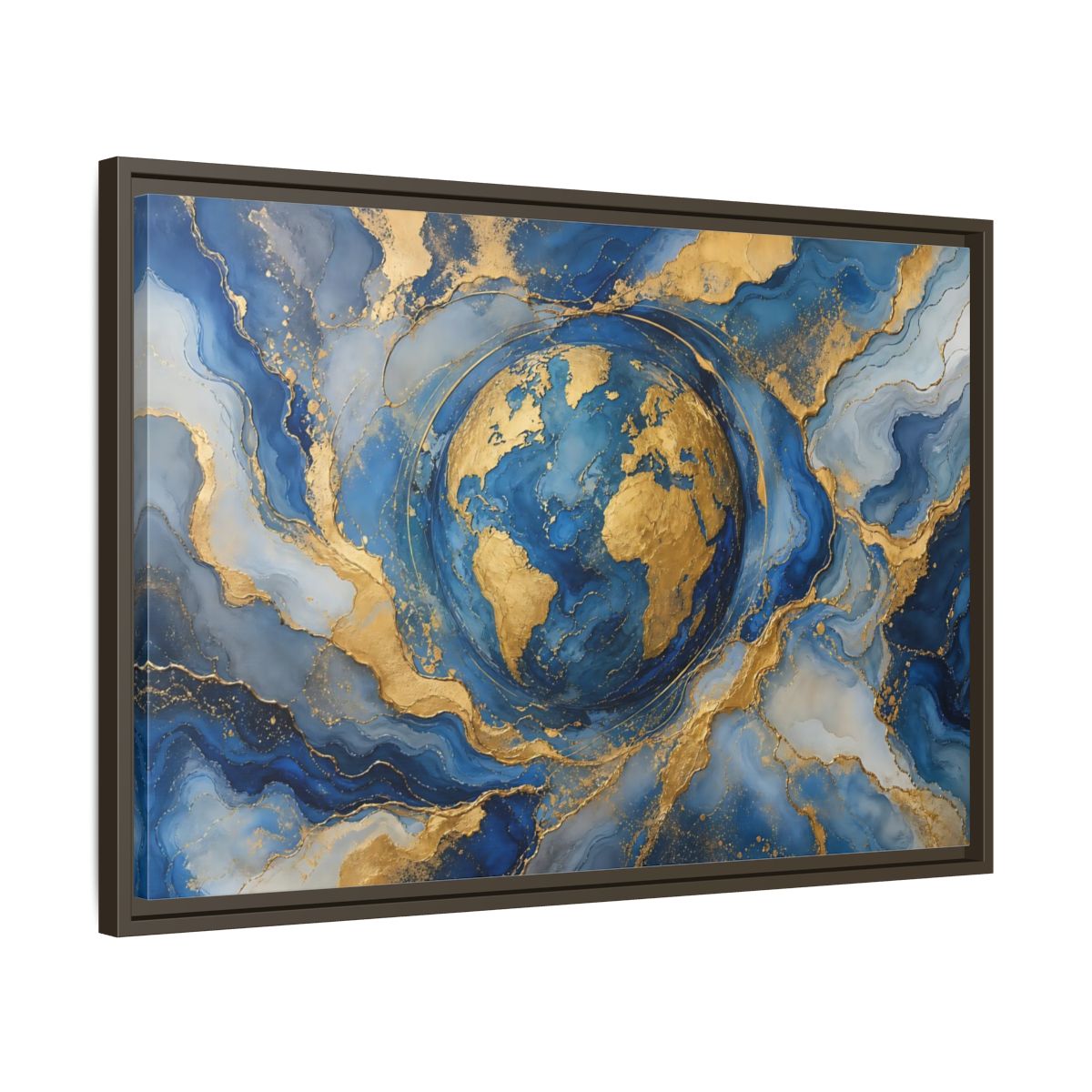Side Mockup 11. Maps Earth Blue Gold Earth shown as stretched canvas wall art