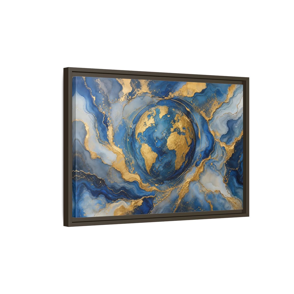 Side Mockup 2. Maps Earth Blue Gold Earth shown as stretched canvas wall art