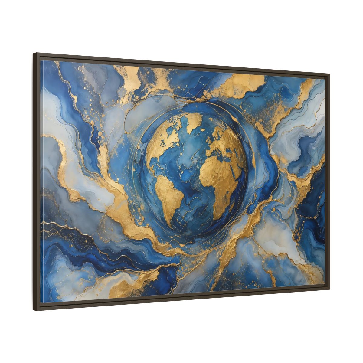 Side Mockup 8. Maps Earth Blue Gold Earth shown as stretched canvas wall art