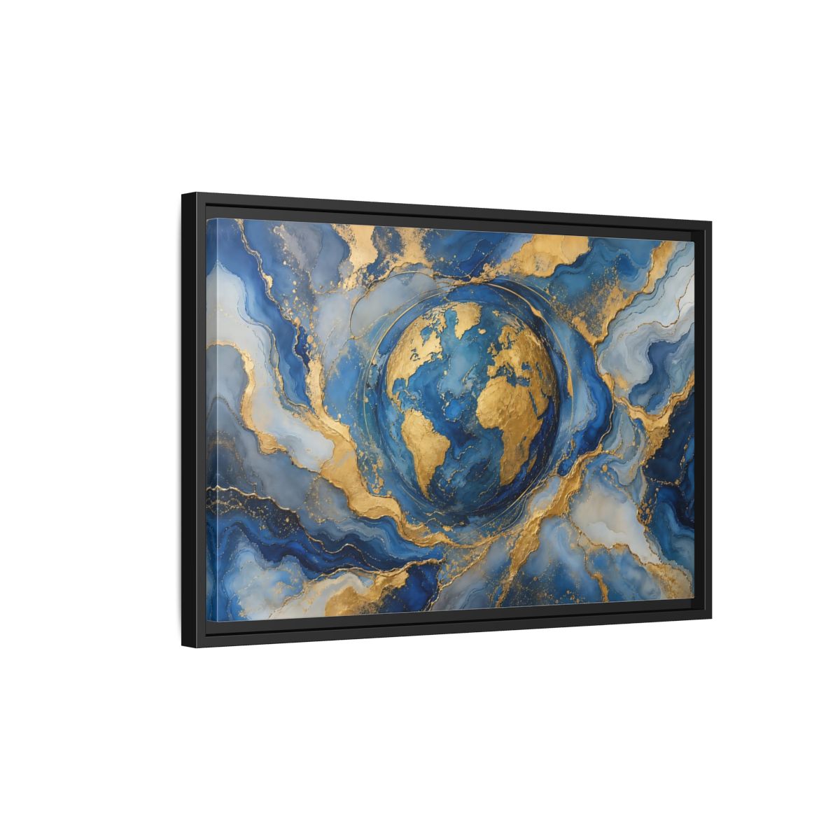 Side Mockup 3. Maps Earth Blue Gold Earth shown as stretched canvas wall art