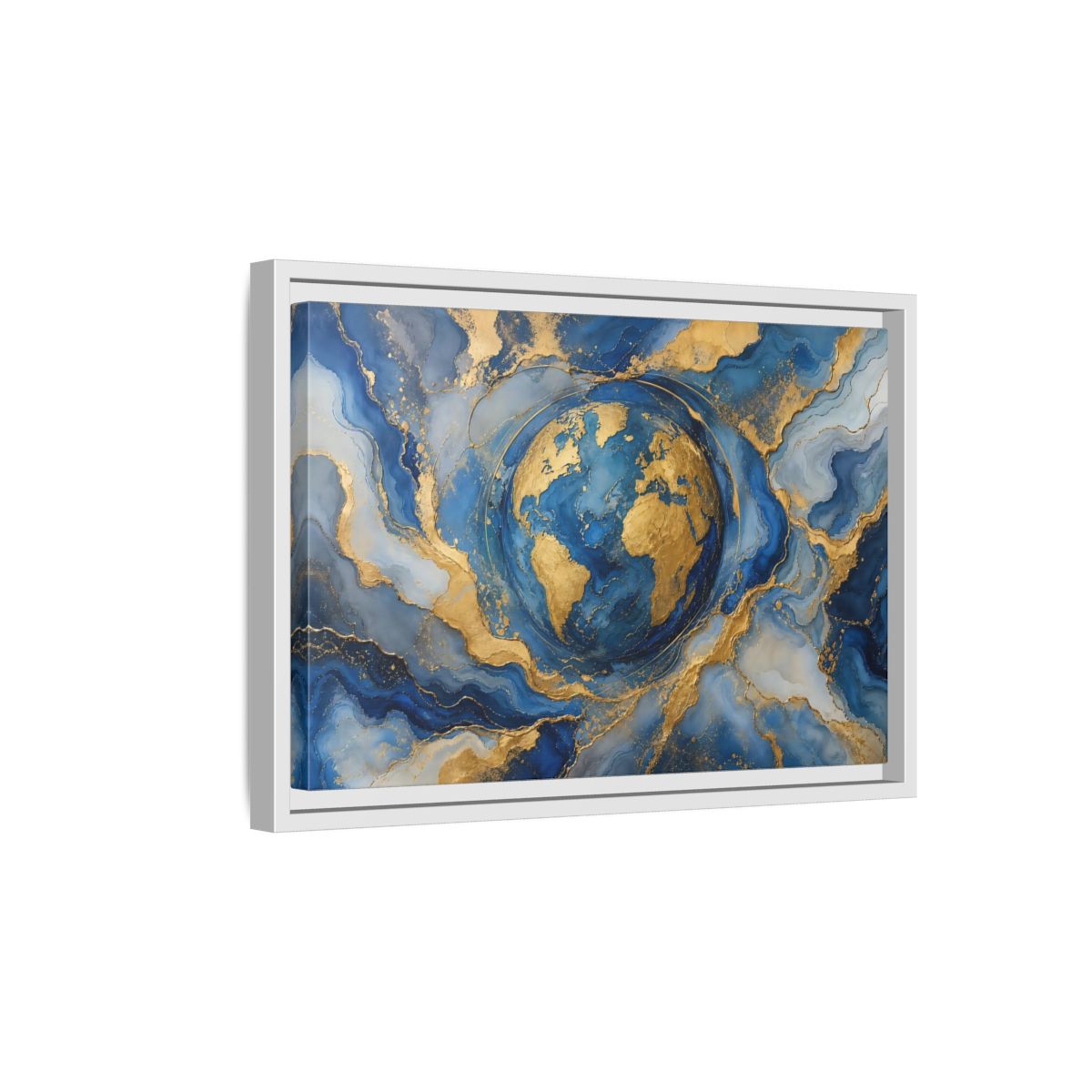 Side Mockup 4. Maps Earth Blue Gold Earth shown as stretched canvas wall art