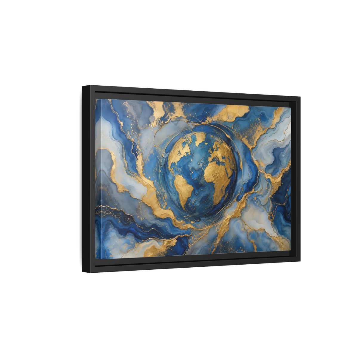 Side Mockup 6. Maps Earth Blue Gold Earth shown as stretched canvas wall art