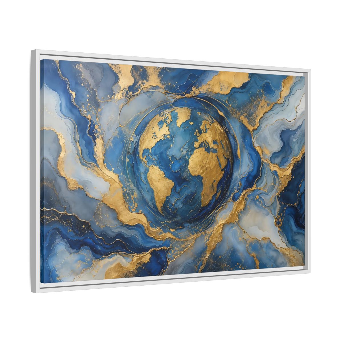 Side Mockup 9. Maps Earth Blue Gold Earth shown as stretched canvas wall art