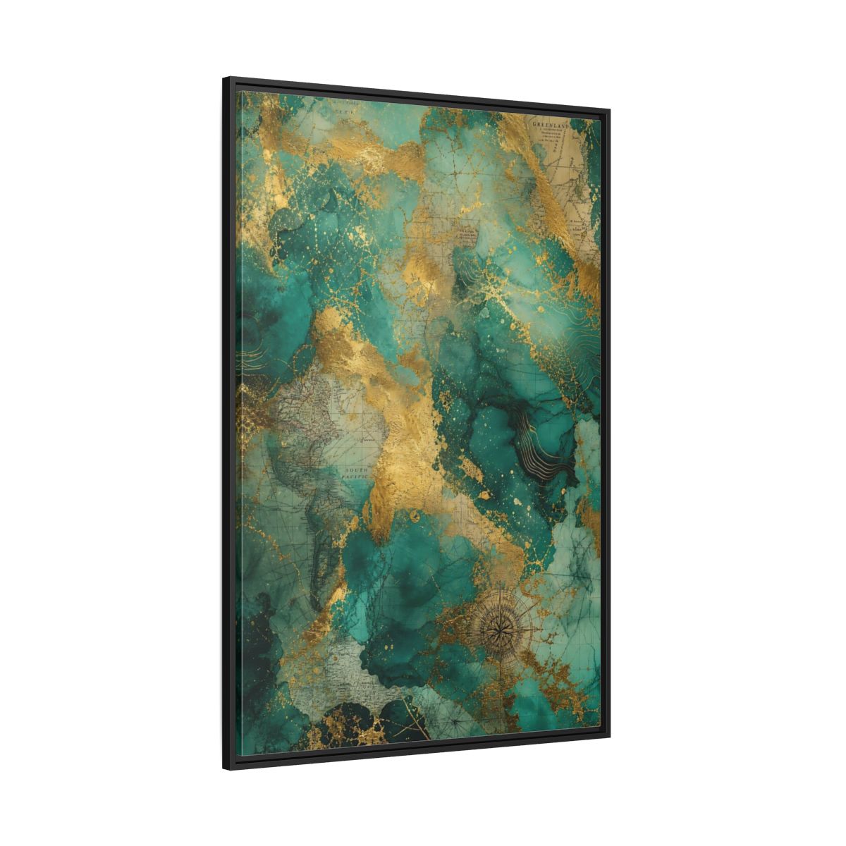 Side Mockup 12. Maps Vintage Map Emerald Gold Map shown as stretched canvas wall art
