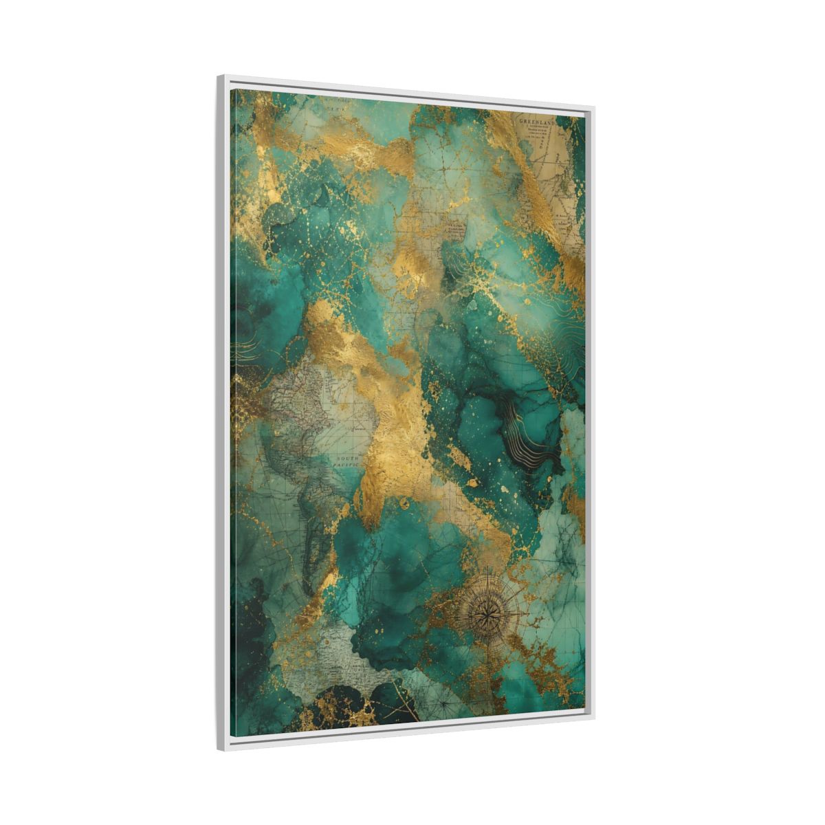 Side Mockup 7. Maps Vintage Map Emerald Gold Map shown as stretched canvas wall art