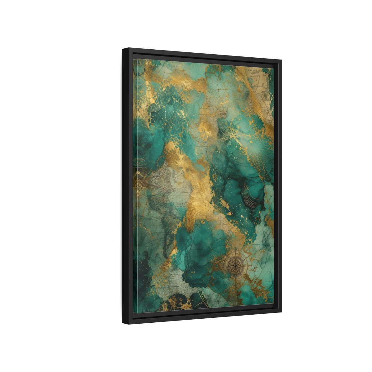 Side Mockup 3. Maps Vintage Map Emerald Gold Map shown as stretched canvas wall art