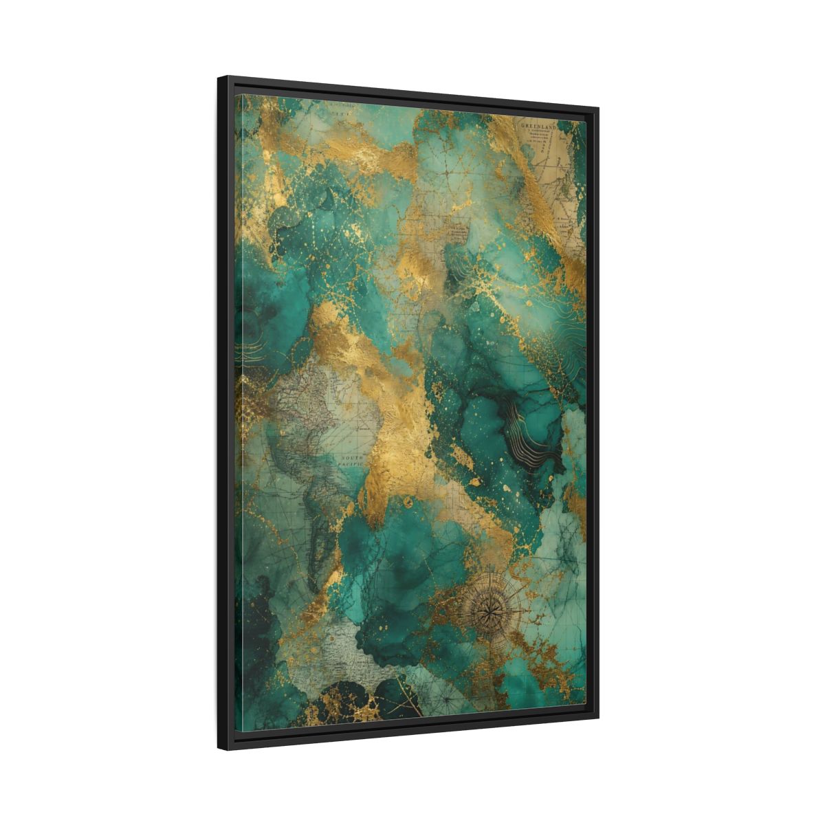 Side Mockup 13. Maps Vintage Map Emerald Gold Map shown as stretched canvas wall art