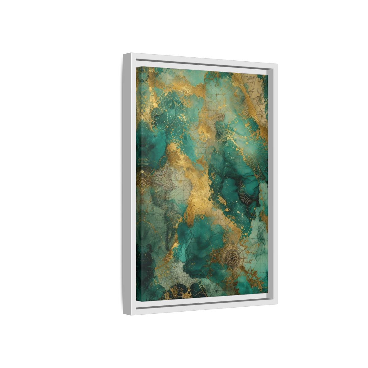 Side Mockup 4. Maps Vintage Map Emerald Gold Map shown as stretched canvas wall art