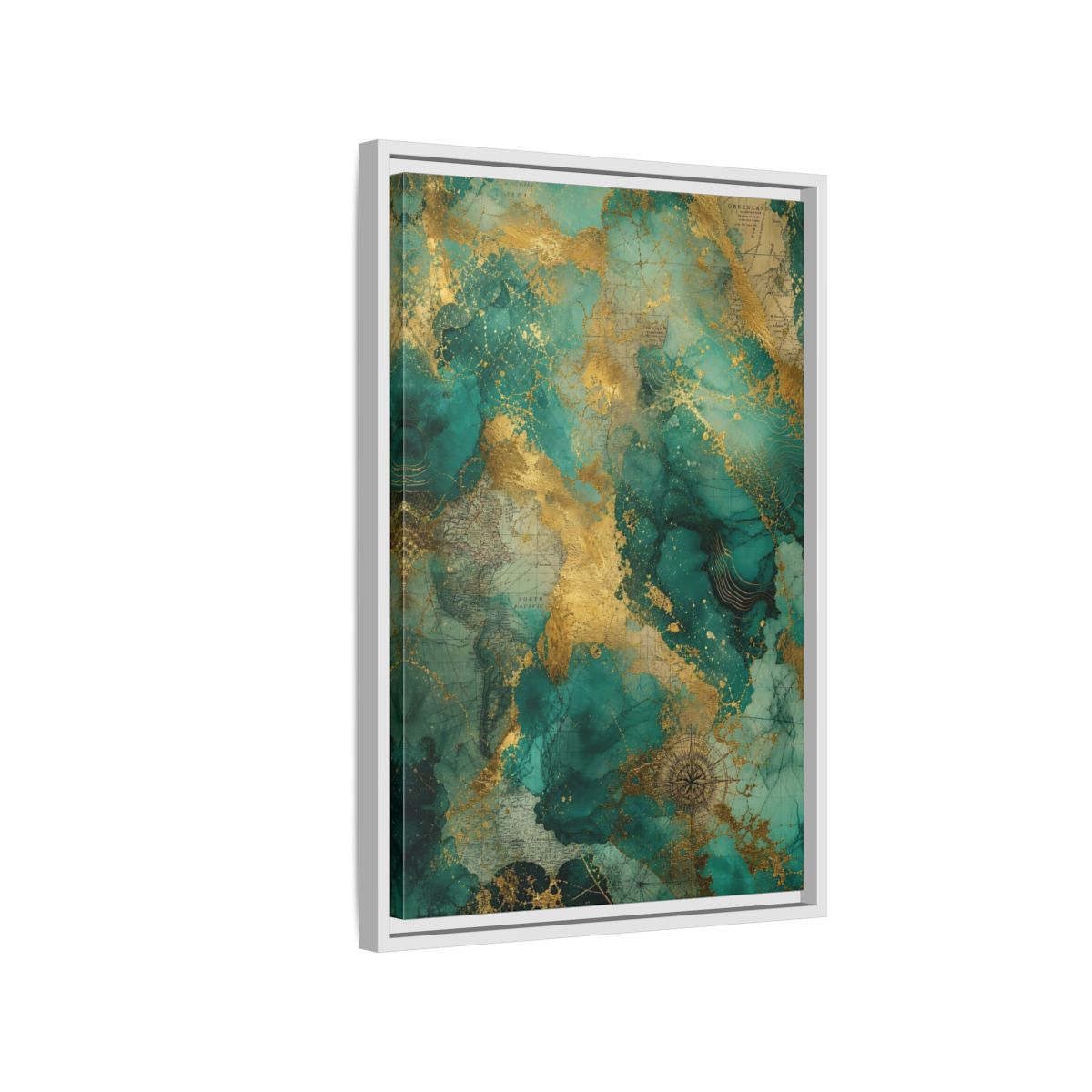 Side Mockup 1. Maps Vintage Map Emerald Gold Map shown as stretched canvas wall art