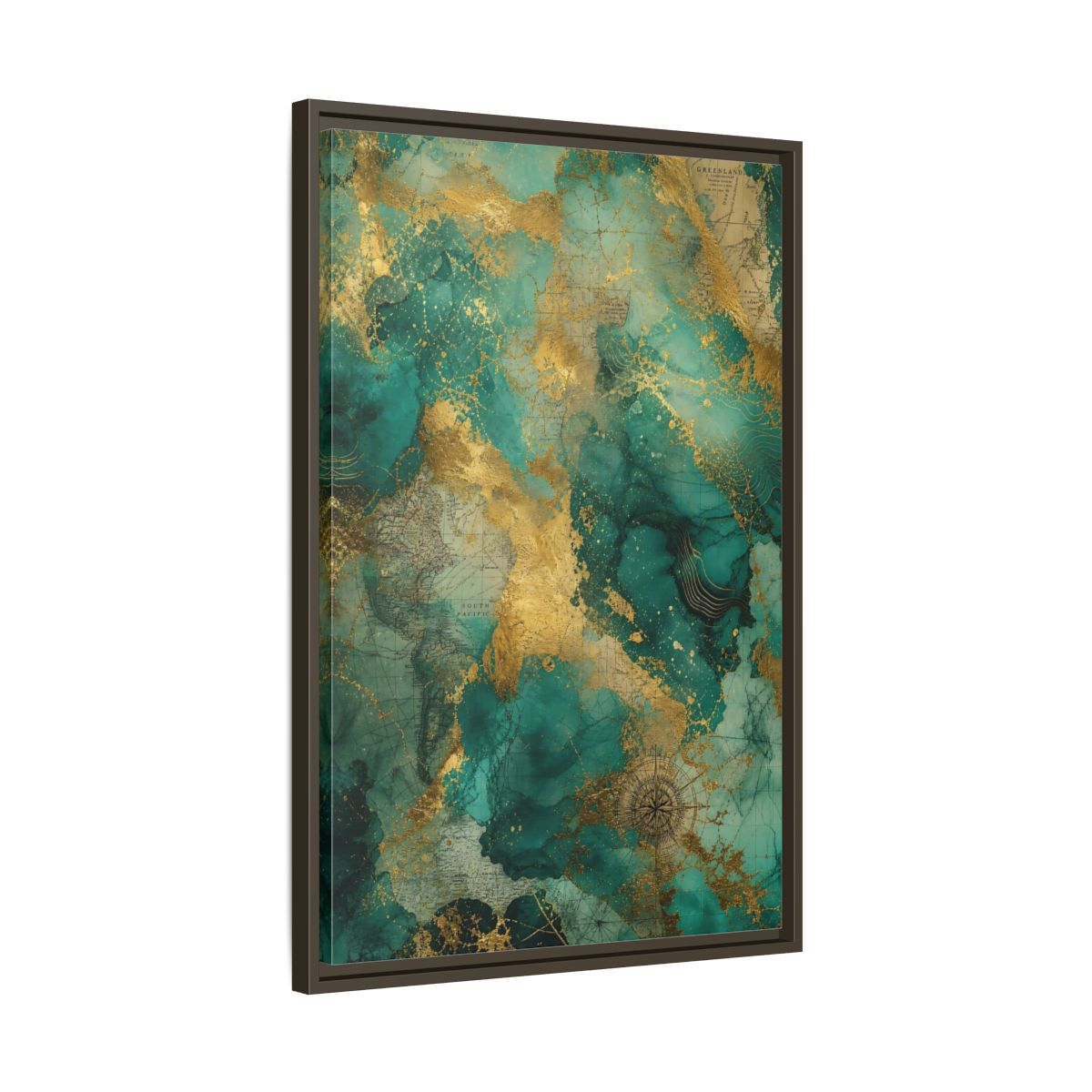Side Mockup 11. Maps Vintage Map Emerald Gold Map shown as stretched canvas wall art