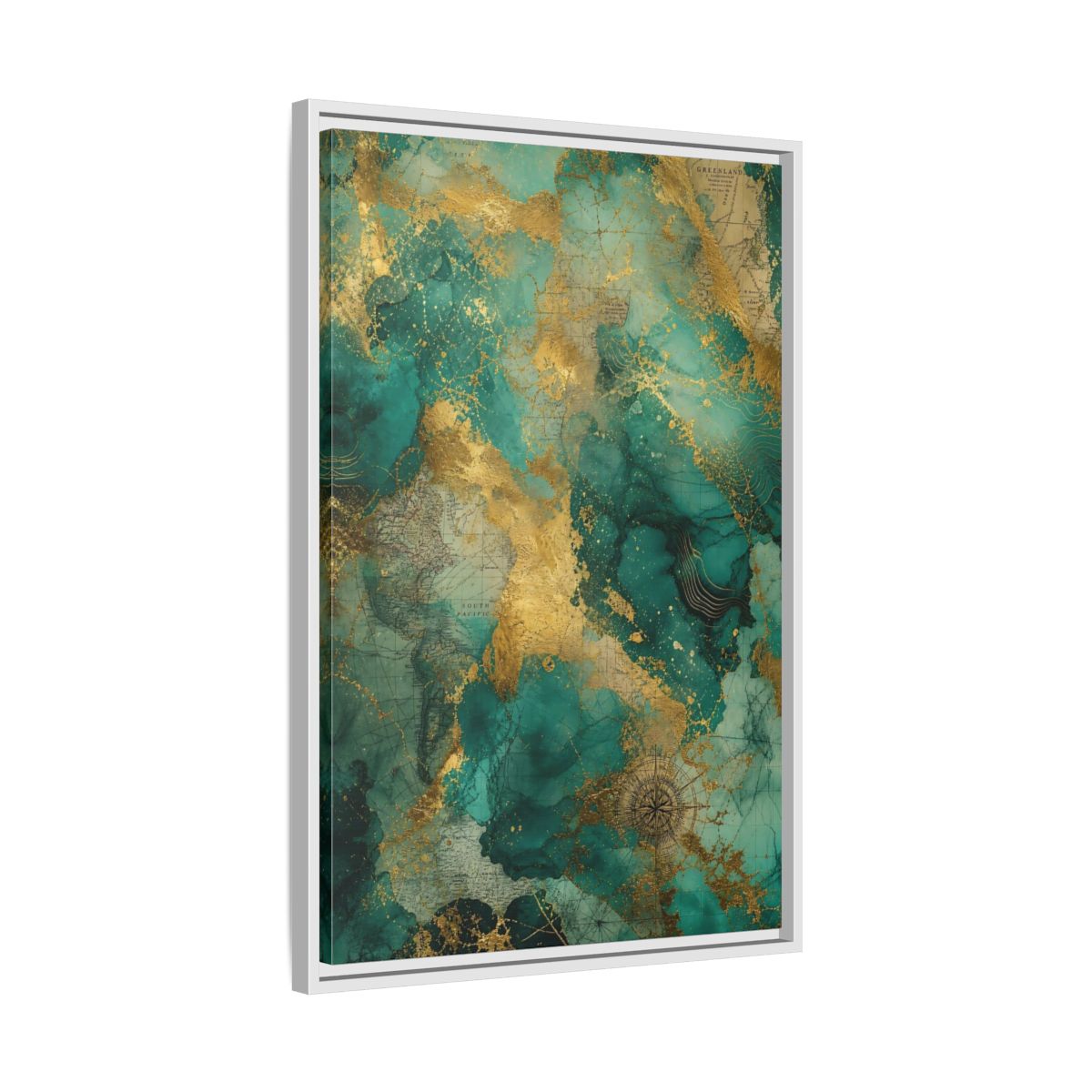 Side Mockup 10. Maps Vintage Map Emerald Gold Map shown as stretched canvas wall art