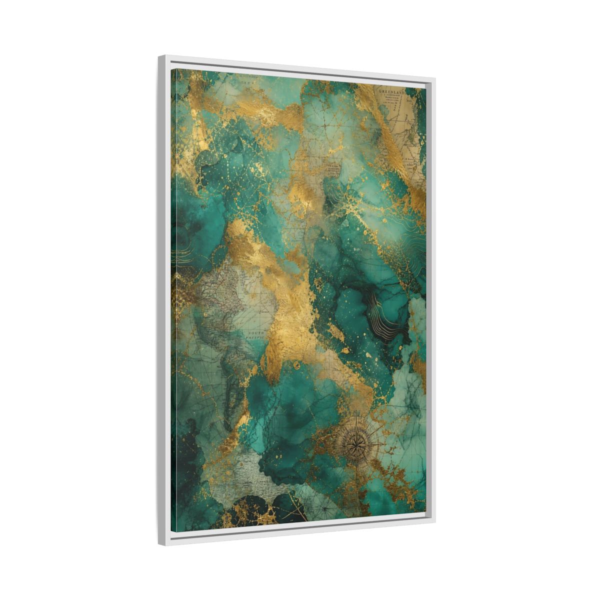 Side Mockup 9. Maps Vintage Map Emerald Gold Map shown as stretched canvas wall art