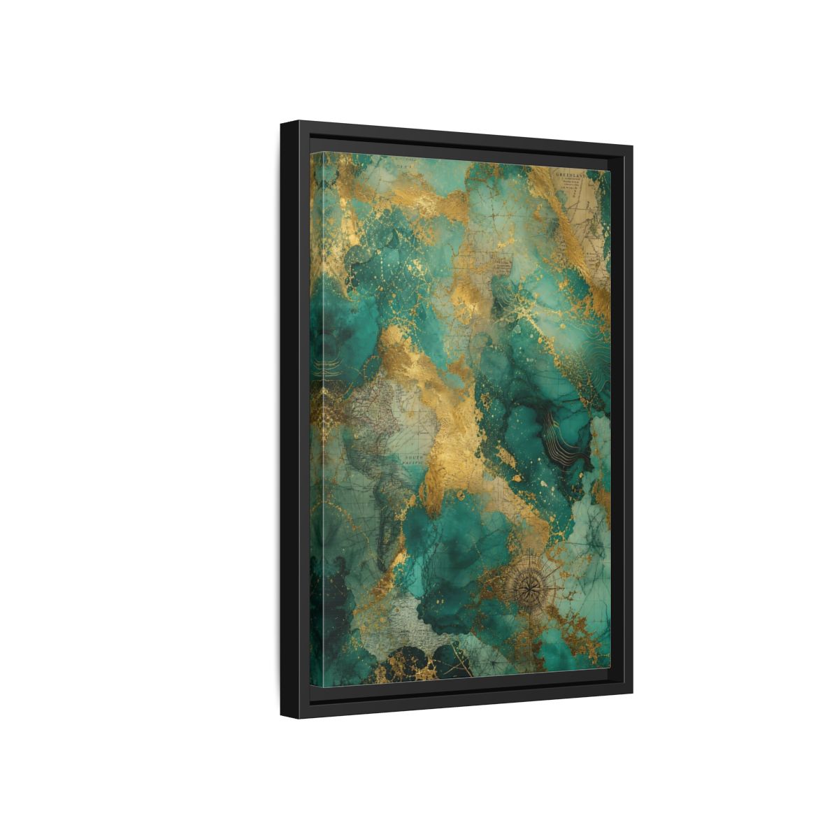 Side Mockup 6. Maps Vintage Map Emerald Gold Map shown as stretched canvas wall art
