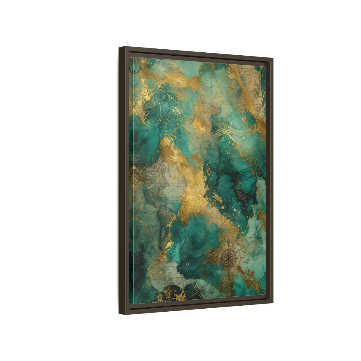Side Mockup 2. Maps Vintage Map Emerald Gold Map shown as stretched canvas wall art