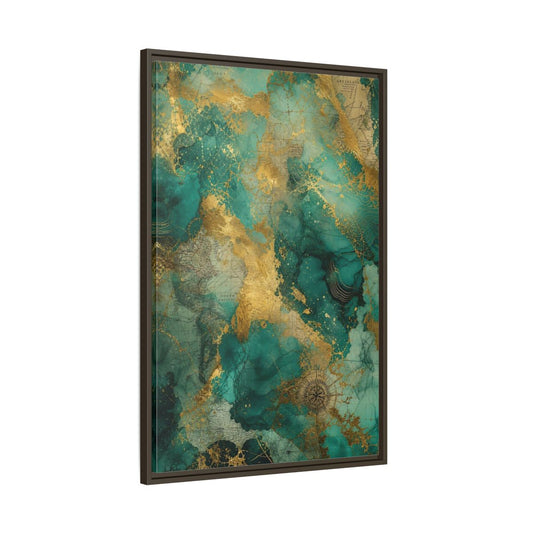 Main Mockup. Maps Vintage Map Emerald Gold Map shown as stretched canvas wall art