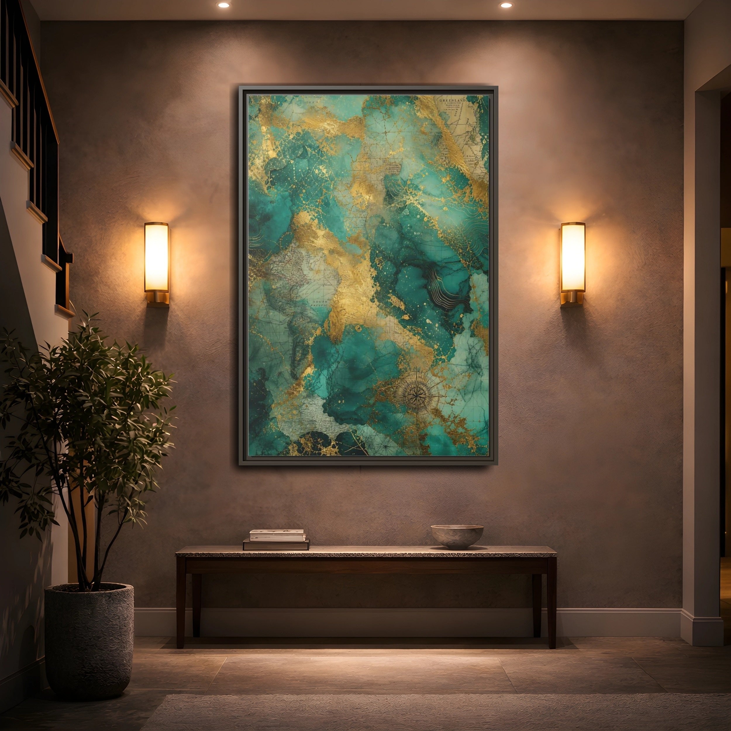 Mockup 2. Maps Vintage Map Emerald Gold Map shown as stretched canvas wall art