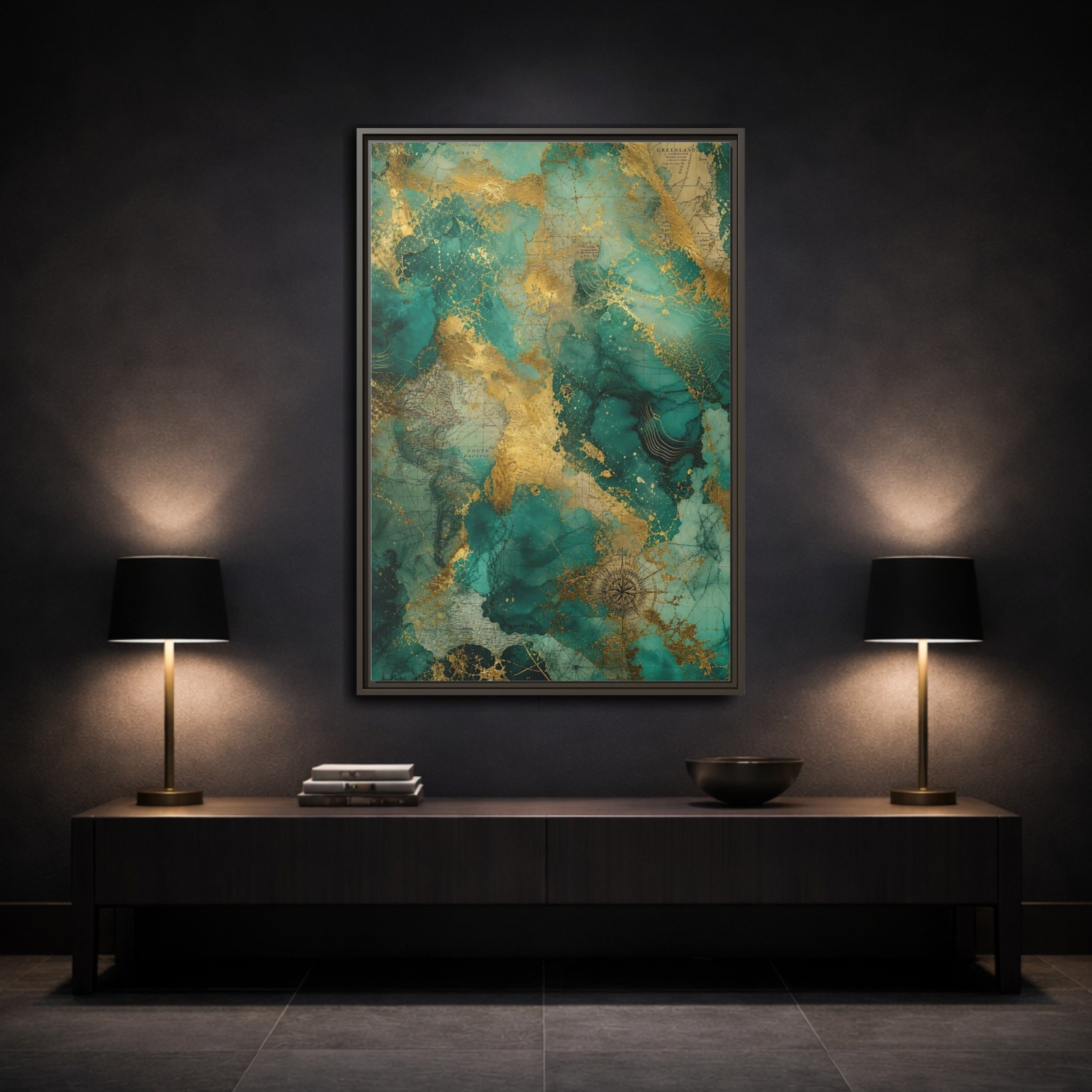 Mockup 3. Maps Vintage Map Emerald Gold Map shown as stretched canvas wall art