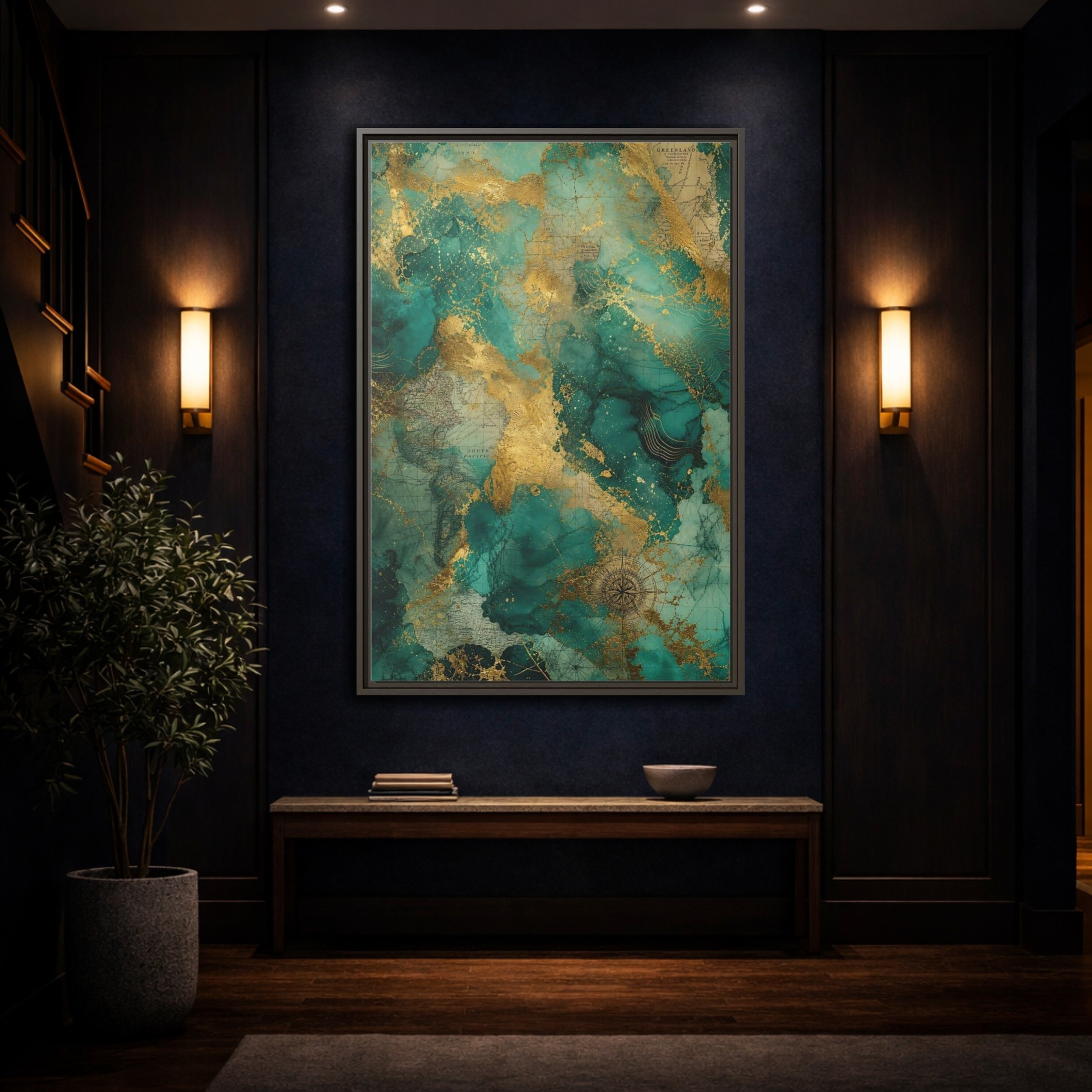 Mockup 4. Maps Vintage Map Emerald Gold Map shown as stretched canvas wall art