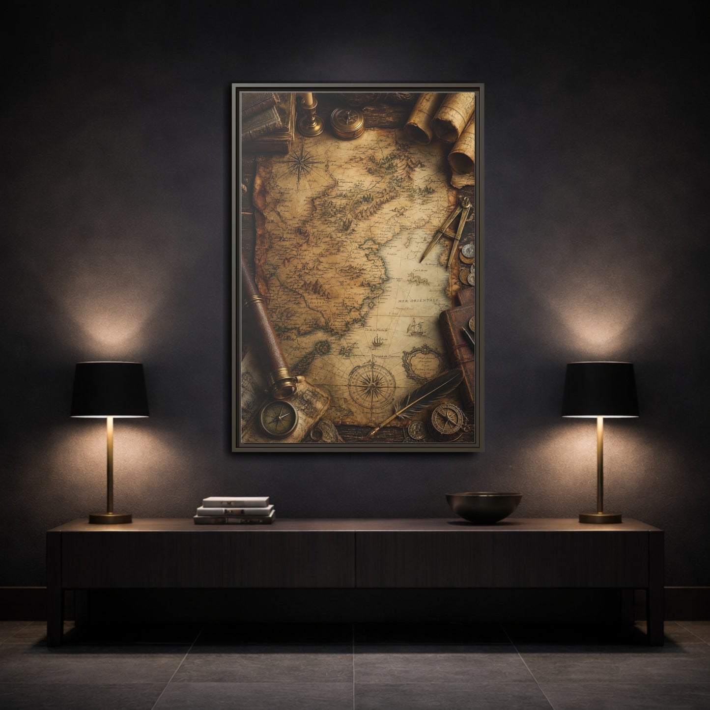Maps Vintage Framed Canvas Wall Art - Office, Workspace Wall, Brown shown as canvas wall art