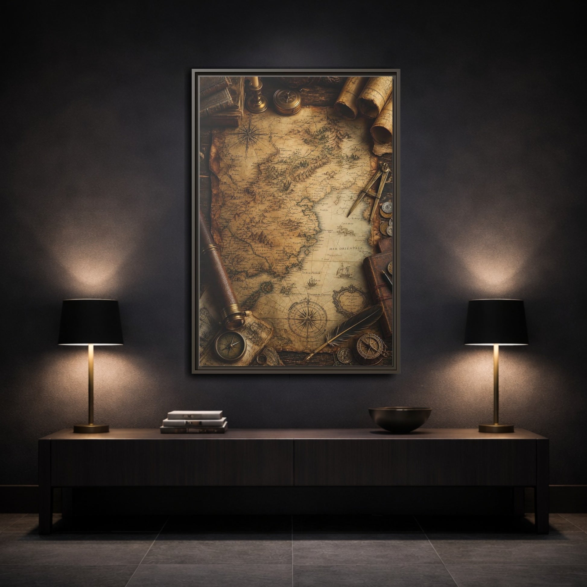 Maps Vintage Framed Canvas Wall Art - Office, Workspace Wall, Brown shown as canvas wall art
