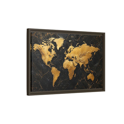 Side Mockup 2. Maps World Map Black And Gold shown as stretched canvas wall art