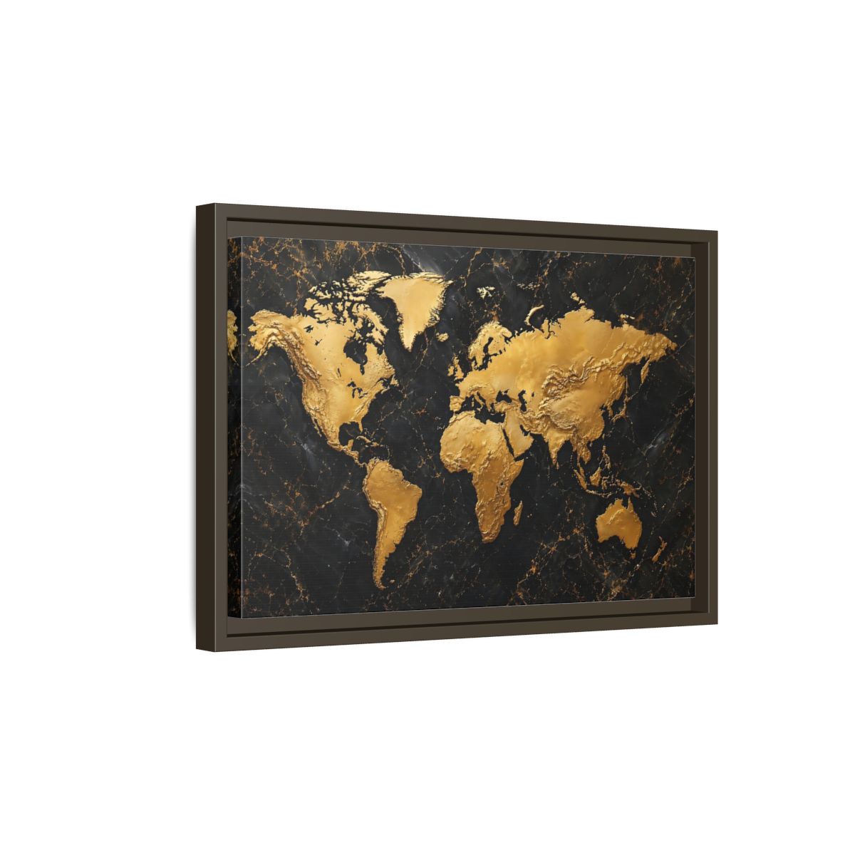 Side Mockup 5. Maps World Map Black And Gold shown as stretched canvas wall art