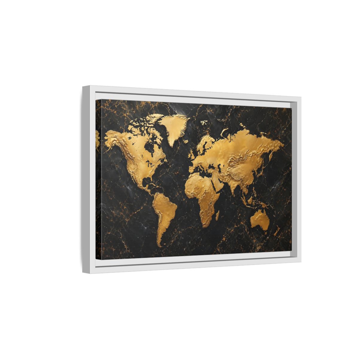 Side Mockup 4. Maps World Map Black And Gold shown as stretched canvas wall art