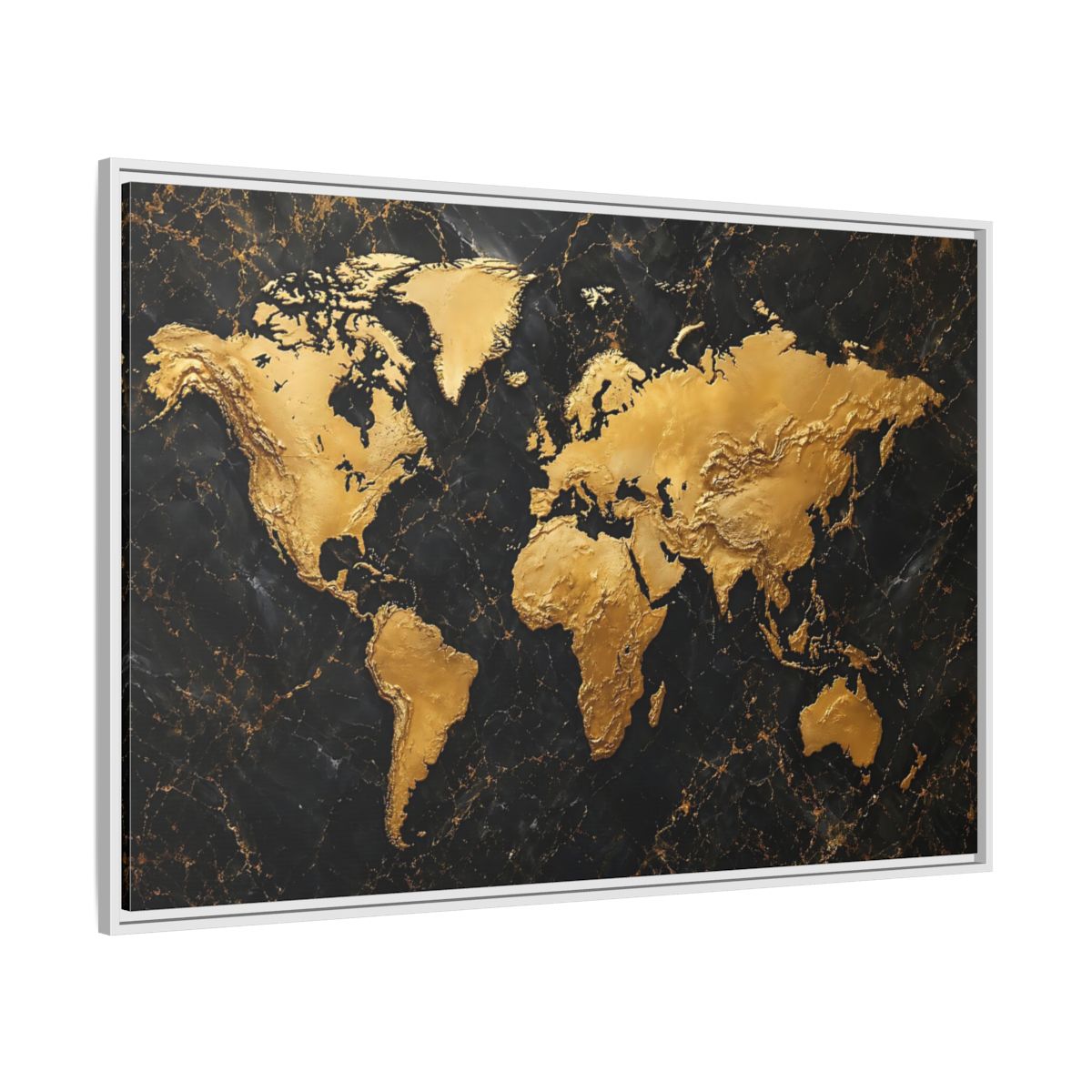 Side Mockup 7. Maps World Map Black And Gold shown as stretched canvas wall art