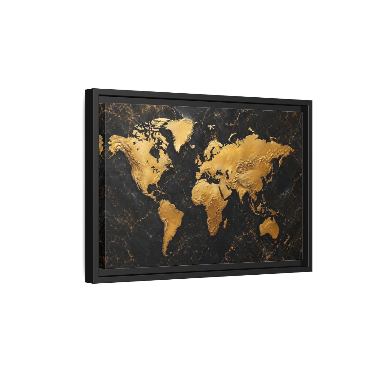 Side Mockup 6. Maps World Map Black And Gold shown as stretched canvas wall art