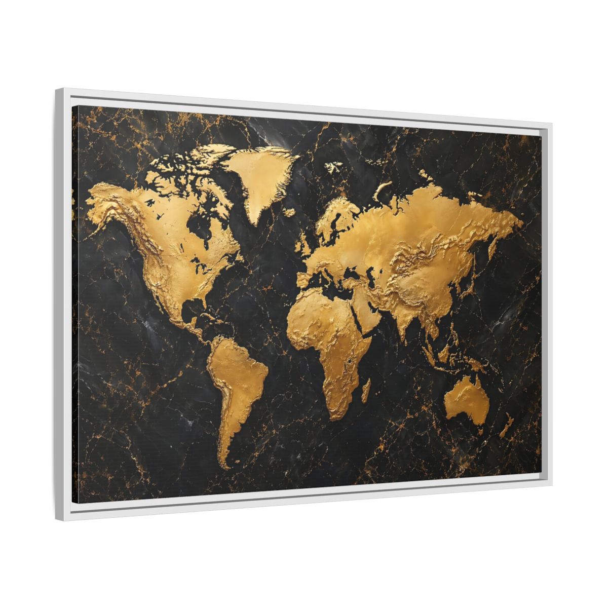 Side Mockup 9. Maps World Map Black And Gold shown as stretched canvas wall art