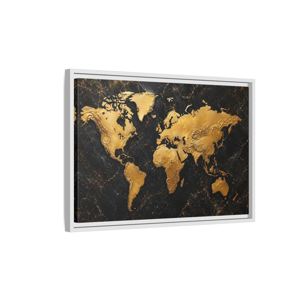 Side Mockup 1. Maps World Map Black And Gold shown as stretched canvas wall art