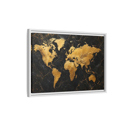 Side Mockup 1. Maps World Map Black And Gold shown as stretched canvas wall art