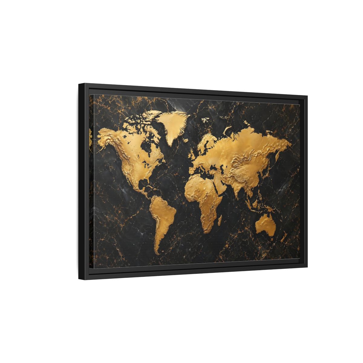 Side Mockup 3. Maps World Map Black And Gold shown as stretched canvas wall art