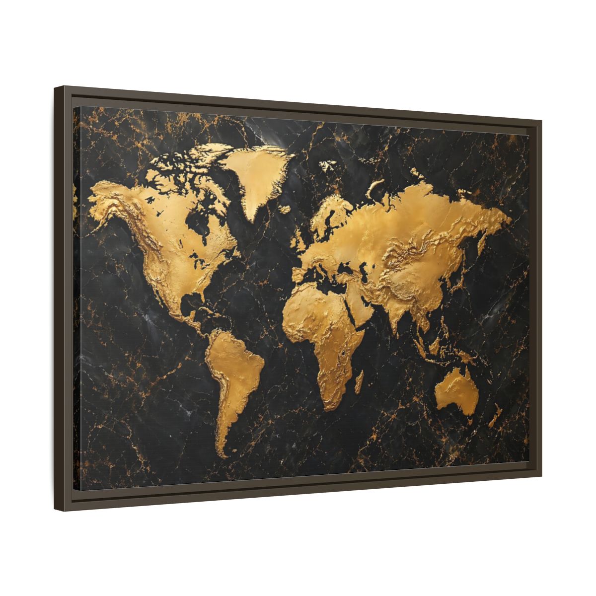 Side Mockup 11. Maps World Map Black And Gold shown as stretched canvas wall art