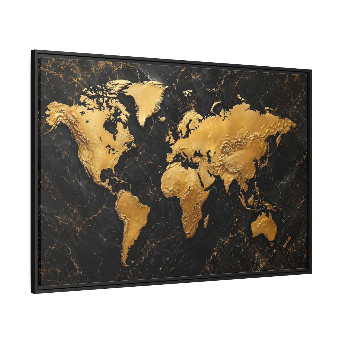 Side Mockup 12. Maps World Map Black And Gold shown as stretched canvas wall art