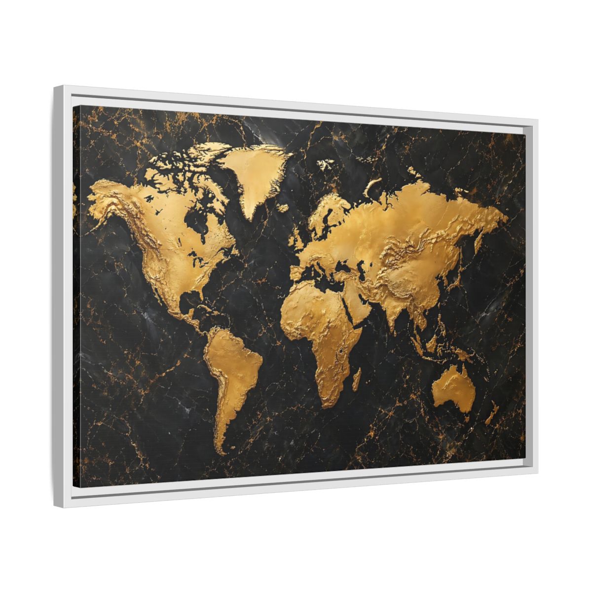 Side Mockup 10. Maps World Map Black And Gold shown as stretched canvas wall art