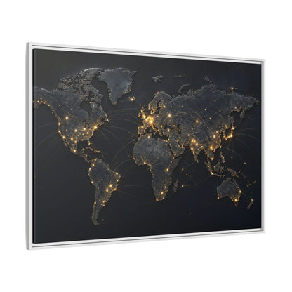 Side Mockup 7. Maps World Map Black Gold Map shown as stretched canvas wall art