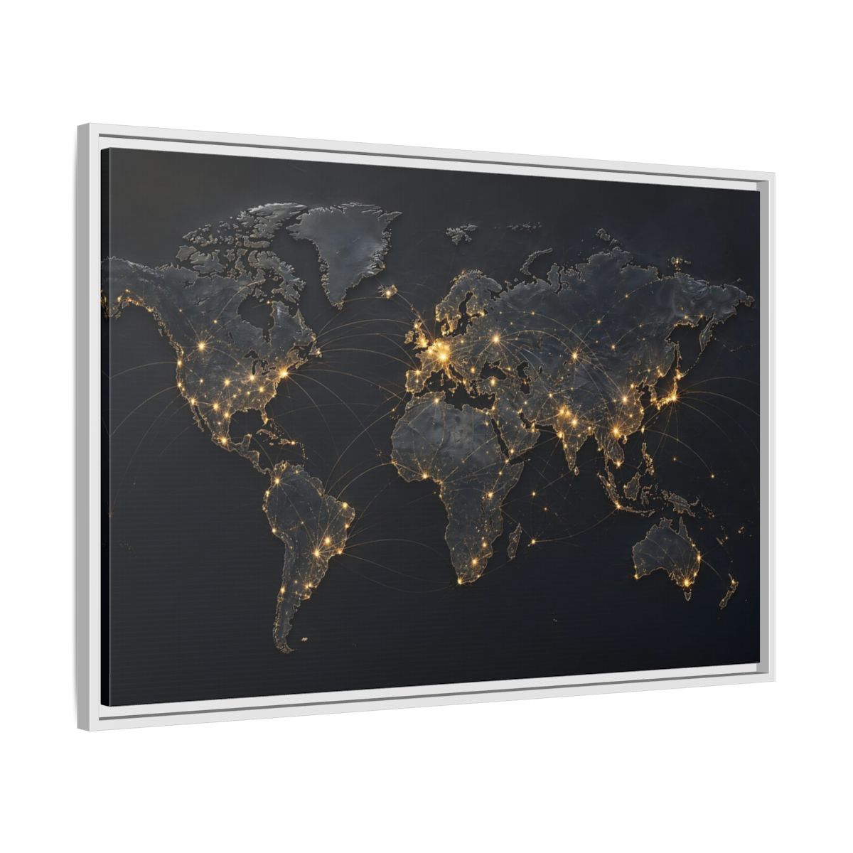 Side Mockup 9. Maps World Map Black Gold Map shown as stretched canvas wall art