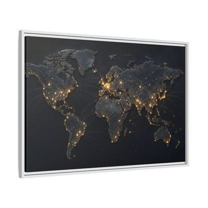 Side Mockup 9. Maps World Map Black Gold Map shown as stretched canvas wall art