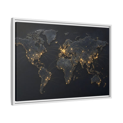 Side Mockup 10. Maps World Map Black Gold Map shown as stretched canvas wall art