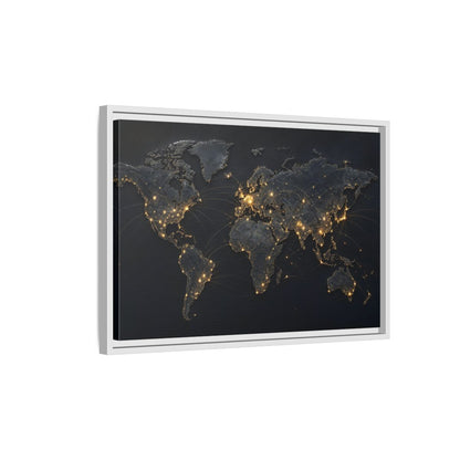 Side Mockup 1. Maps World Map Black Gold Map shown as stretched canvas wall art